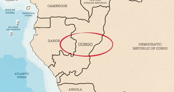 Motion graphic video of a red circle marking to congo on a vintage political map