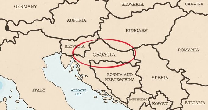 Motion graphic video of a red circle marking to croacia on a vintage political map