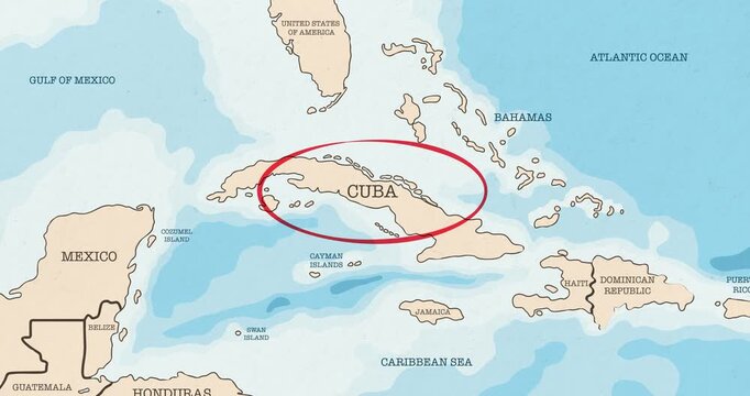 Motion graphic video of a red circle marking to cuba on a vintage political map