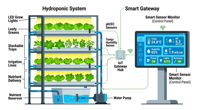 A smart hydroponic system with a sensor monitor and plants growing in a controlled indoor agriculture environment with technology.