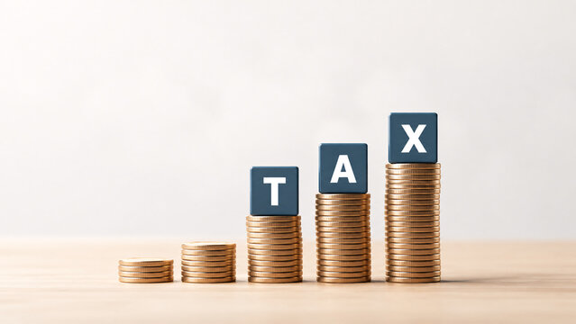Tax growth and financial concept with stacked coins and wooden blocks showing word TAX on desk background. Increase of taxes, financial investment, and banking concept.
