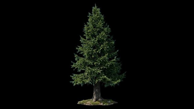 A realistic 3D animated evergreen pine fir tree sways gently in a seamless loop. This coniferous forest asset is isolated on a solid black background.