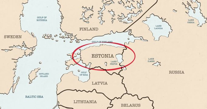 Motion graphic video of a red circle marking to estonia on a vintage political map