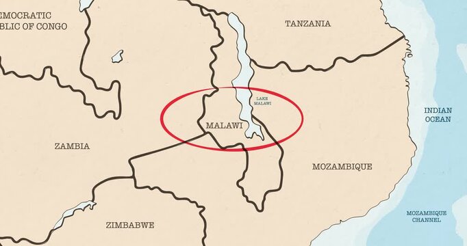 Motion graphic video of a red circle marking to malawi on a vintage political map