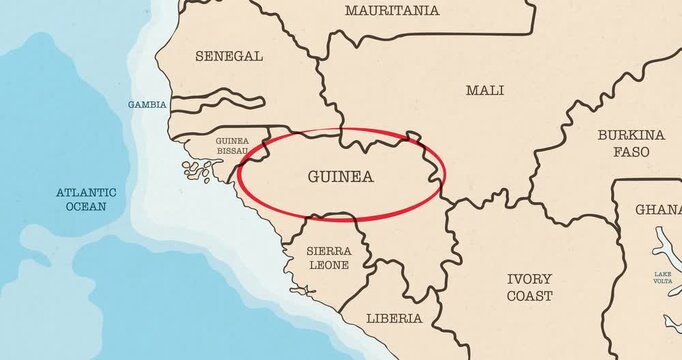 Motion graphic video of a red circle marking to guinea on a vintage political map