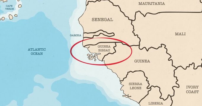 Motion graphic video of a red circle marking to guinea bissau on a vintage political map