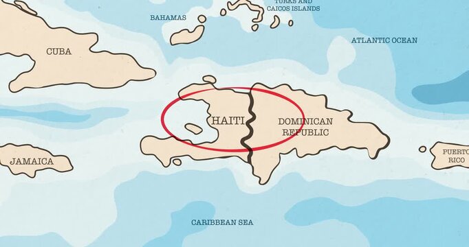 Motion graphic video of a red circle marking to haiti on a vintage political map