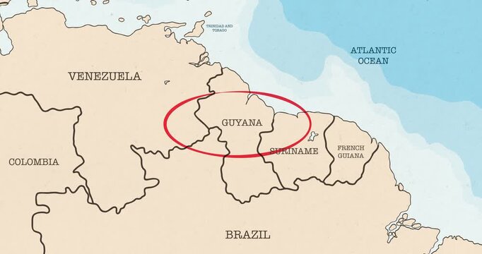 Motion graphic video of a red circle marking to guyana on a vintage political map