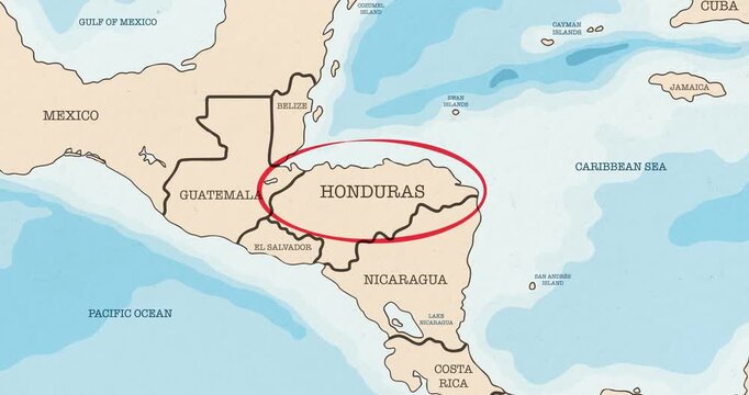 Motion graphic video of a red circle marking to honduras on a vintage political map
