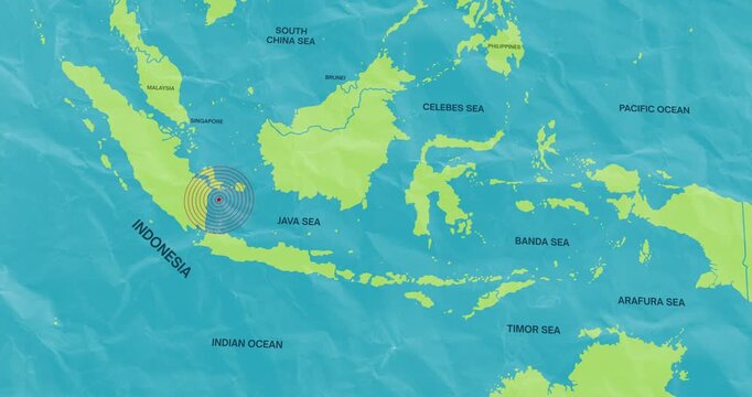 Motion graphic video of an earth waves concentric lines into an indonesia map of an earthquake epicenter composition concept