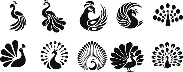 Fototapeta premium Premium peacock logo collection featuring elegant feather arrangements, decorative tail patterns