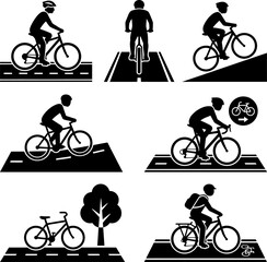 Obraz premium Bicycle rider icons on road paths collection cyclist symbols set featuring different riding scenarios and cycling lanes for urban infrastructure signage design template.