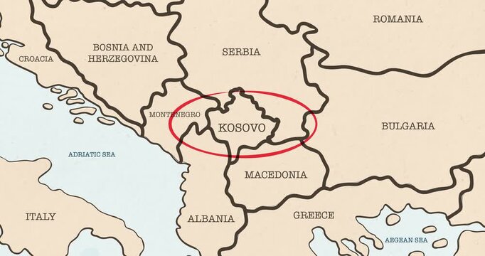 Motion graphic video of a red circle marking to kosovo on a vintage political map
