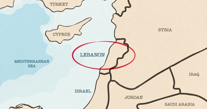 Motion graphic video of a red circle marking to lebanon on a vintage political map