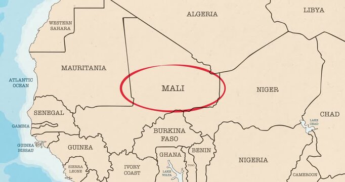 Motion graphic video of a red circle marking to mali on a vintage political map