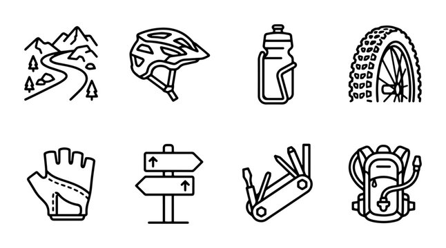Mountain Biking Icons Set: Trail, Helmet, Water Bottle, Tire, Gloves, Signpost, Tool, Backpack