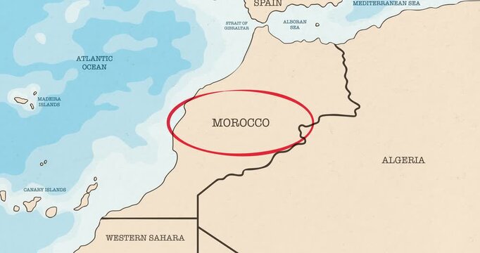 Motion graphic video of a red circle marking to morocco on a vintage political map