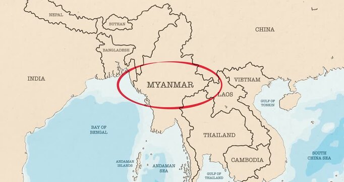 Motion graphic video of a red circle marking to myanmar on a vintage political map