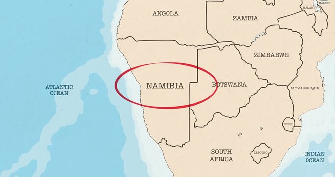 Motion graphic video of a red circle marking to namibia on a vintage political map