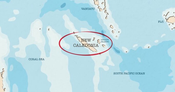 Motion graphic video of a red circle marking to new caledonia on a vintage political map