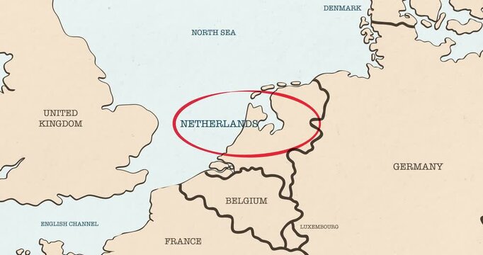 Motion graphic video of a red circle marking to netherlands on a vintage political map