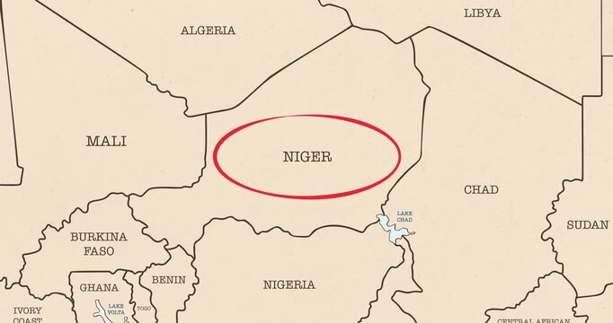 Motion graphic video of a red circle marking to niger on a vintage political map