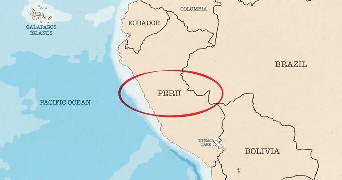 Motion graphic video of a red circle marking to peru on a vintage political map