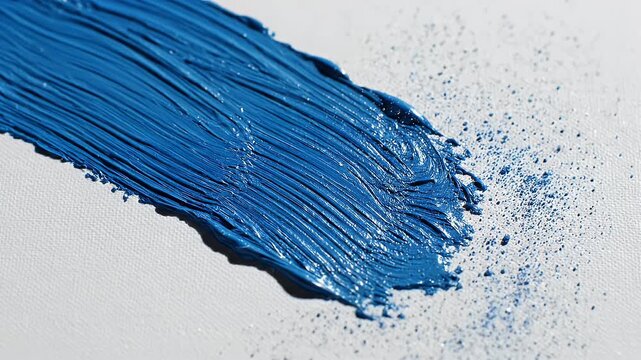 Close-up of a thick blue paint stroke created by a brush on white canvas surface