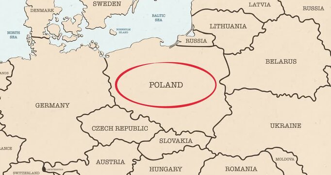 Motion graphic video of a red circle marking to poland on a vintage political map