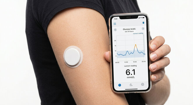 Arm with CGM sensor patch and smartphone showing glucose graph 6.1 reading diabetes technology