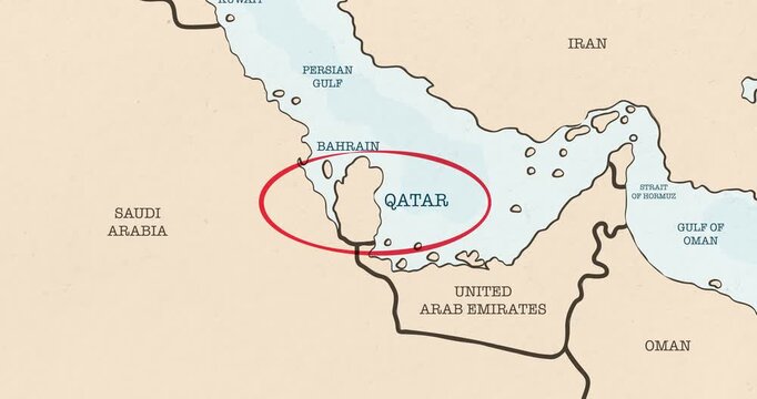 Motion graphic video of a red circle marking to qatar on a vintage political map