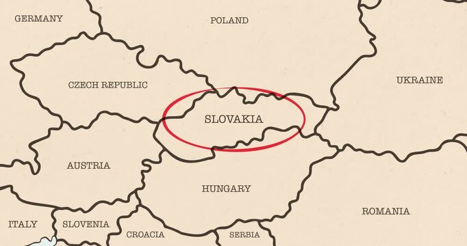 Motion graphic video of a red circle marking to slovakia on a vintage political map