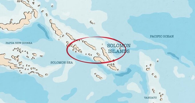 Motion graphic video of a red circle marking to solomon islands on a vintage political map