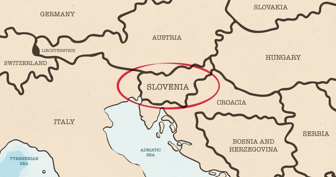 Motion graphic video of a red circle marking to slovenia on a vintage political map