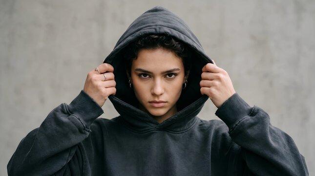 Intense Gaze of a Young Woman in a Dark Hoodie.