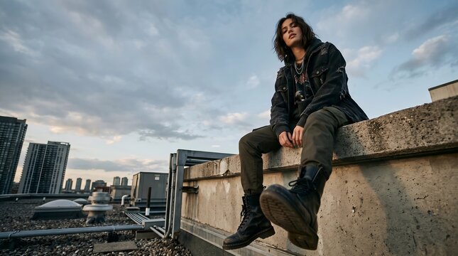 Young man with long hair sitting on a rooftop ledge overlooking the city.