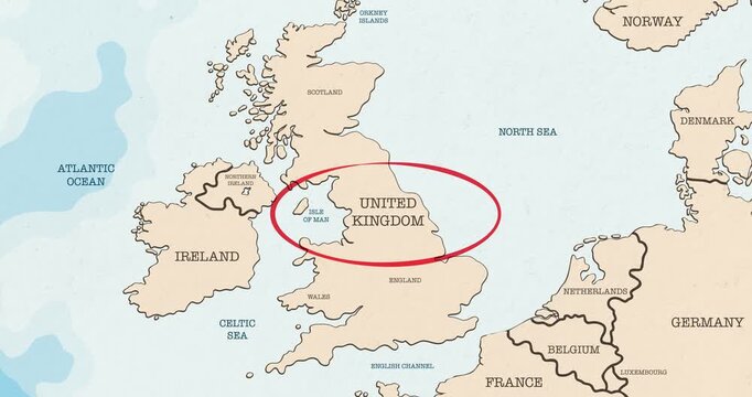 Motion graphic video of a red circle marking to united kingdom on a vintage political map