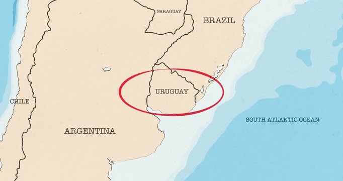 Motion graphic video of a red circle marking to uruguay on a vintage political map