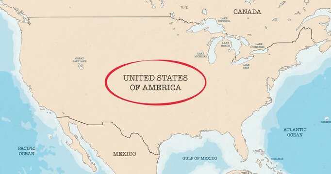 Motion graphic video of a red circle marking to the united states of america on a vintage political map