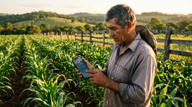 Farmer checking weather on smartphone in the field