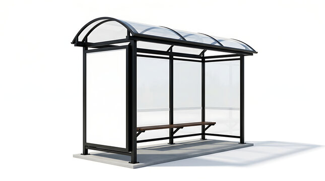 A sleek black bus stop shelter with a glass roof and transparent walls stands alone on a grey platform in a desolate urban environment.