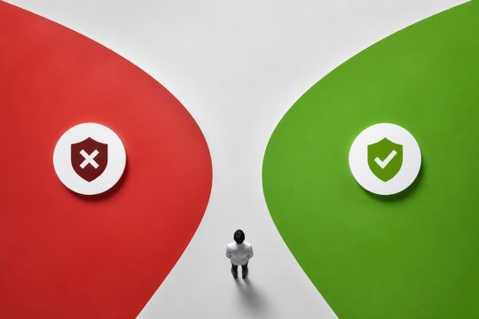 Decision choice concept with red and green paths and a person choosing direction