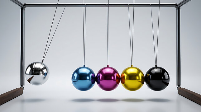 A mesmerizing display of Newton's cradle balls swinging in motion indoors