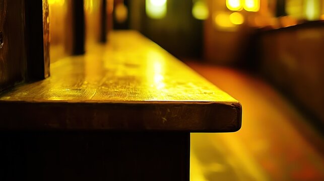 Close-up of a wooden countertop edge in a dimly lit space.