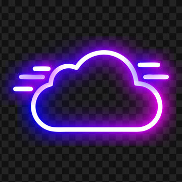 Neon glowing purple cloud vector icon with speed lines on dark transparent background
