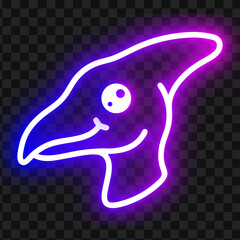 Cute neon pterodactyl dinosaur head glowing vector sign on checkered dark background © Brisy Gayen