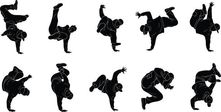 Breakdance Hip Hop Dancer Silhouette Set with Dynamic Street Dance and B-Boy Freeze Poses for Urban Design