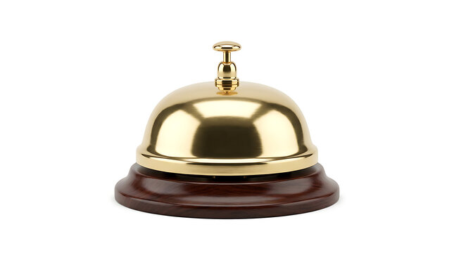 A shiny gold hotel service bell sits on a dark wooden base.