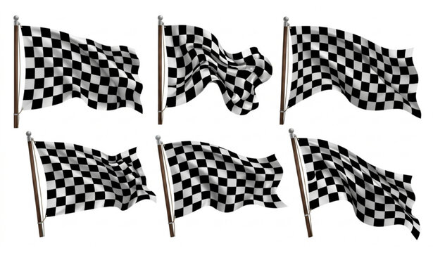 Realistic Checkered Racing Flag Set with Five Fluttering 3D Cloth Banners Vector