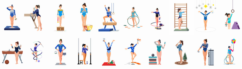 Set of eighteen flat illustrations showing female gymnasts in various training, competition, and lifestyle scenes related to the sport of gymnastics. © emily